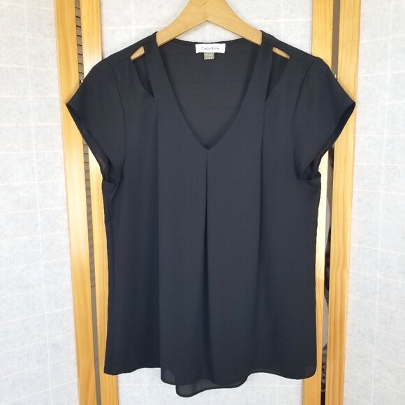 Calvin Klein Black Silky Blouse Top Short Sleeves Relaxed Fit Cutouts Size Med - Picture 1 of 8